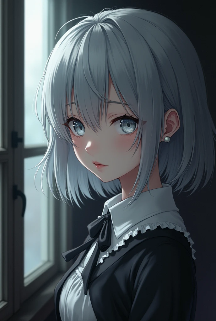 Female anime, light silver gray hair, bright silver eyes looking towards the window. Mysterious beauty attracts. Black and white vintage outfit. Only see half face 