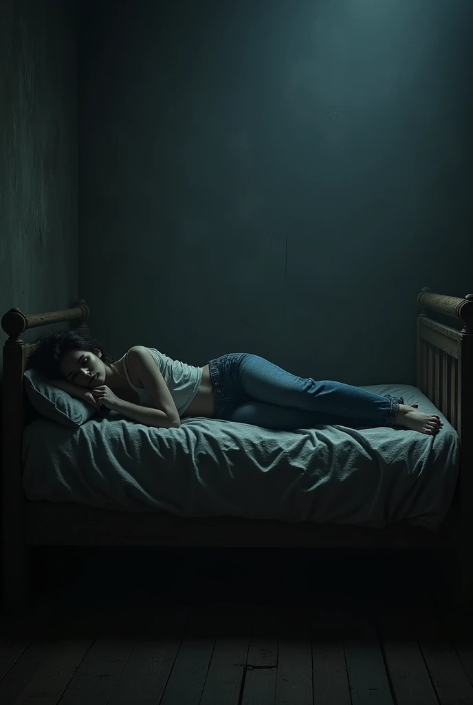Could you give me an image of an old wooden bed in a dark room with a teenager lying on it?