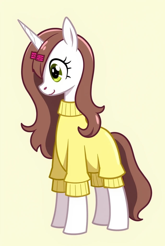 Create My Little Pony: Friendship is Magic Oc that's a slightly short and stout unicorn with a stubby short horn hidden away in her long brown mane to, which covers her left eye and shoulder with a single Mulberry highlight. She sported two red hair clips fastened to her mane near her muzzle. Her somewhat short tail also had two Mulberry highlight. She was dressed in a loose yellow sweater dress. Her coat was a albescent white, and her eyes were an olive green.