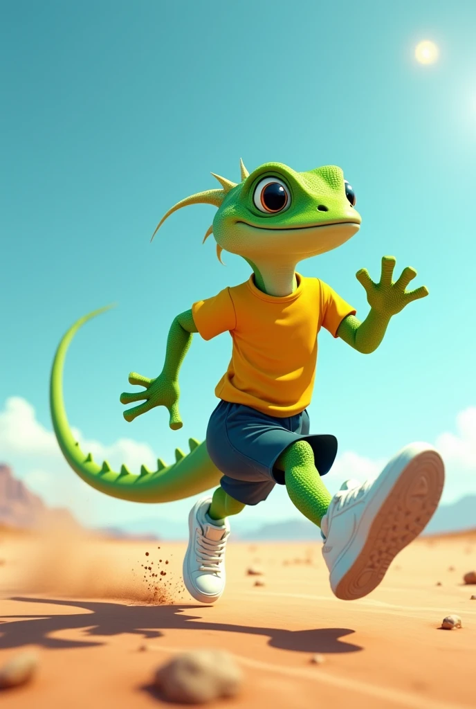 lizard running at high speed with a shorts shirt and Nike sneakers