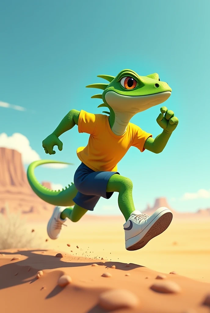 lizard running at high speed with a shorts shirt and Nike sneakers