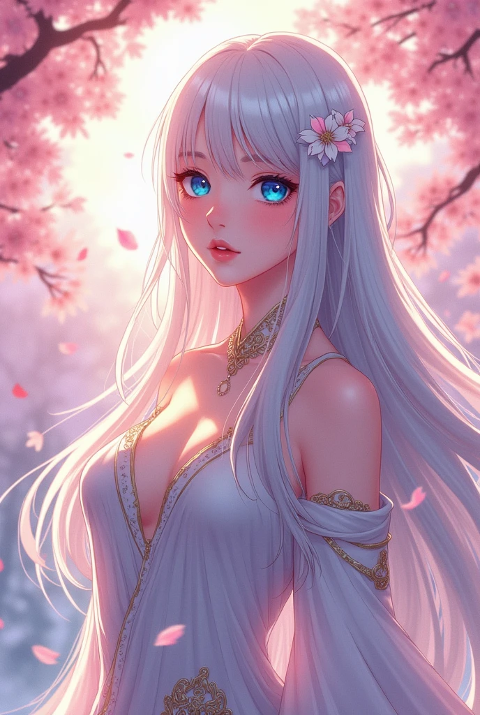 Anime art style masterpiece, enchanting woman with large, expressive blue eyes radiating depth and curiosity, silky icicle white hair cascading down in soft waves, elegant features accentuated with delicate blush on cheeks, intricate attire featuring flowing fabrics adorned with magical motifs, draping elegantly around her figure, graceful and poised posture, ethereal glow enveloping her, soft pastel color palette enhancing the dreamlike quality of the scene, set against a beautifully illustrated background of a serene and enchanting landscape, flourishing cherry blossoms surrounding her, petals gently falling like snowflakes, the morning sun filtering through the trees creating dappled light effects, cinematic composition highlighting the character at the center, balanced placement of soft, harmonious elements around her, inviting atmosphere exuding warmth and tranquility, captured in a dynamic yet fluid anime artistic style that emphasizes smooth lines and vibrant color contrasts, meticulous detailing on the character's eyes, reflecting an inner light that draws viewers in, deepening the sense of connection with the audience, enhancing the overall enchanting narrative and artistic journey.