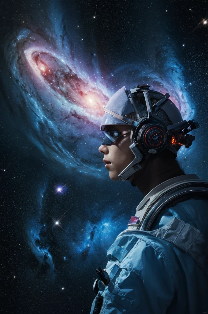 (best quality, masterpiece),Detailed,1boy,astronaut,complex portrait of a sci-fi Borg floating in outer space,nebula,galaxy,Looking forward,(cybernetic limb:0.7),