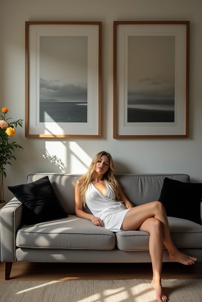 A blonde Brazilian woman, lying on the couch ,on the wall two paintings measuring 60 cm by 80 cm on the wall above the modern gray sofa with black cushion
, small apartment room, well lit and with flowers and carpet