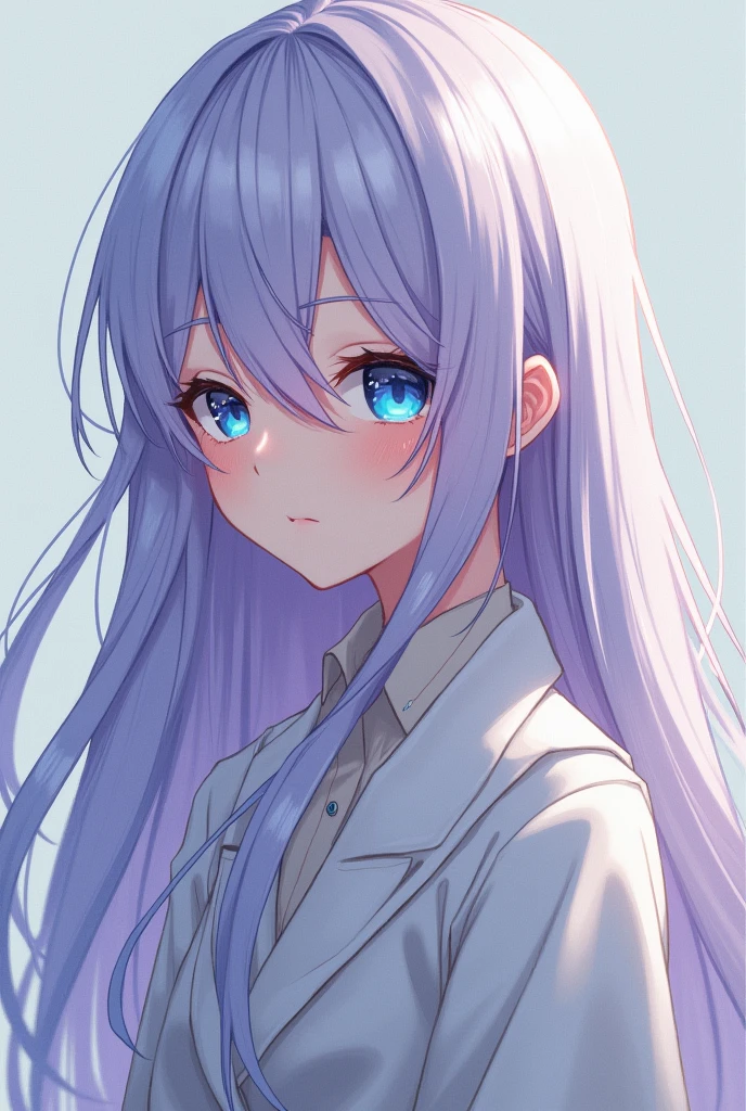 one girl,anime girl,long hair white and some purple,blue cyan eye,white coat,more older and shy