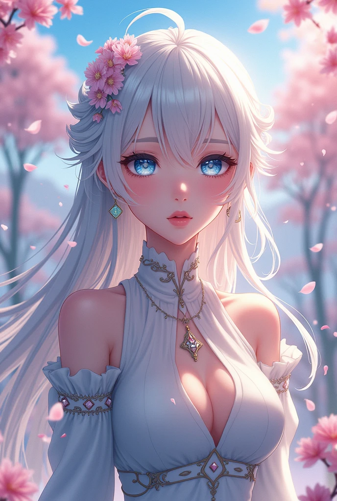 Anime art style masterpiece, enchanting woman with large, expressive blue eyes radiating depth and curiosity, silky icicle white hair cascading down in soft waves, elegant features accentuated with delicate blush on cheeks, intricate attire featuring flowing fabrics adorned with magical motifs, draping elegantly around her figure, graceful and poised posture, ethereal glow enveloping her, soft pastel color palette enhancing the dreamlike quality of the scene, set against a beautifully illustrated background of a serene and enchanting landscape, flourishing cherry blossoms surrounding her, petals gently falling like snowflakes, the morning sun filtering through the trees creating dappled light effects, cinematic composition highlighting the character at the center, balanced placement of soft, harmonious elements around her, inviting atmosphere exuding warmth and tranquility, captured in a dynamic yet fluid anime artistic style that emphasizes smooth lines and vibrant color contrasts, meticulous detailing on the character's eyes, reflecting an inner light that draws viewers in, deepening the sense of connection with the audience, enhancing the overall enchanting narrative and artistic journey.