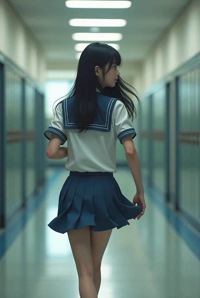 (Raw photo:1.2), (Photorealistic:1.4),Sailor suit,A young woman with long hair who looks both young and grown-up,Calm expression,Gently glance over,Long black hair,Background is a school hallway,Running with her skirt fluttering,The woman has a modest smile,10 second video