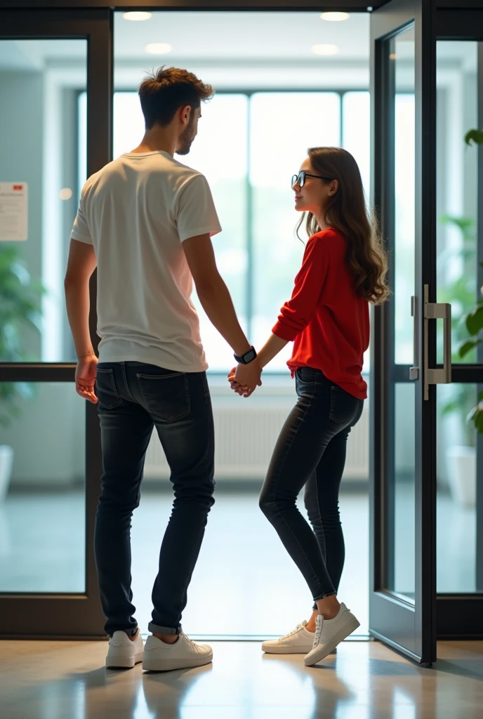 A young man wearing a white half shirt, black jeans, white shoes and a smart watch opens the glass door of his office from outside and a young woman wearing a red top, black jeans, white shoes and specs opens the door from inside.