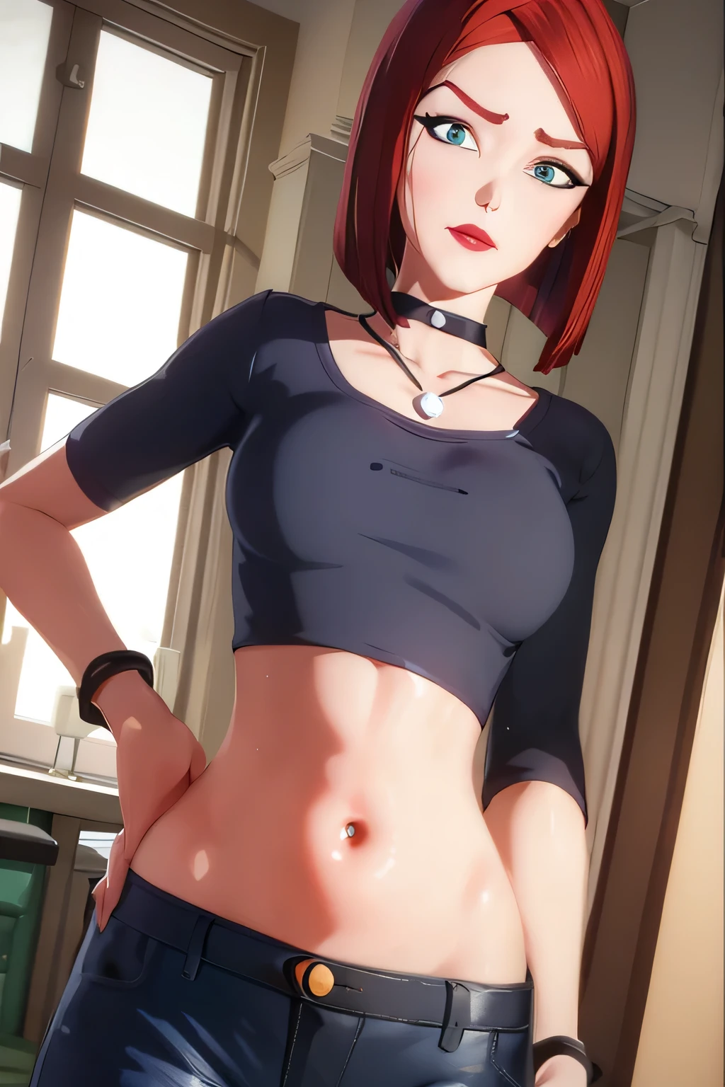 straight-on,pose,looking at viewer,solo, BREAK,
CARTOON_merry_jane_watson_SMTAS_ownwaifu, www.ownwaifu.com, 3d, 
red hair, short hair, green eyes, breasts, makeup, lipstick, red lips, bob cut, lips, choker, jewelry, necklace, black choker, blue shirt, crop top, long sleeves, black_pants, jeans, denim, wristband, super fine illustration, vibrant colors, masterpiece, sharp focus, best quality, depth of field, cinematic lighting, ultra detailed, belly, belly button, bellybutton, navel, tummy, annoyed, parted lips, indoors, looking down, one eyebrow raised, navel piercing