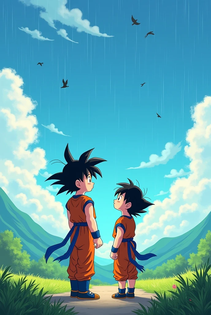 Goku and Kuririn children have doubts about how the rains reach the South of Brazil, anime style Dragon Ball
