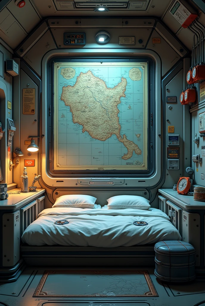 spacecraft, room with map of the ship above the bed 