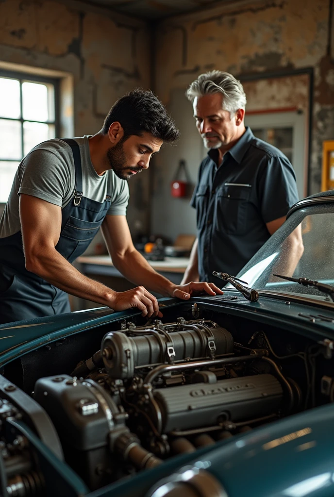 young brunette, latino, muscular, man in mechanic outfit, repairing car, looks focus on engine, his hands are touching engine classic porsche car, elegant blonde man middle age, shaved chin in background his face look in mechanic direction and talking to him, they are in old garage