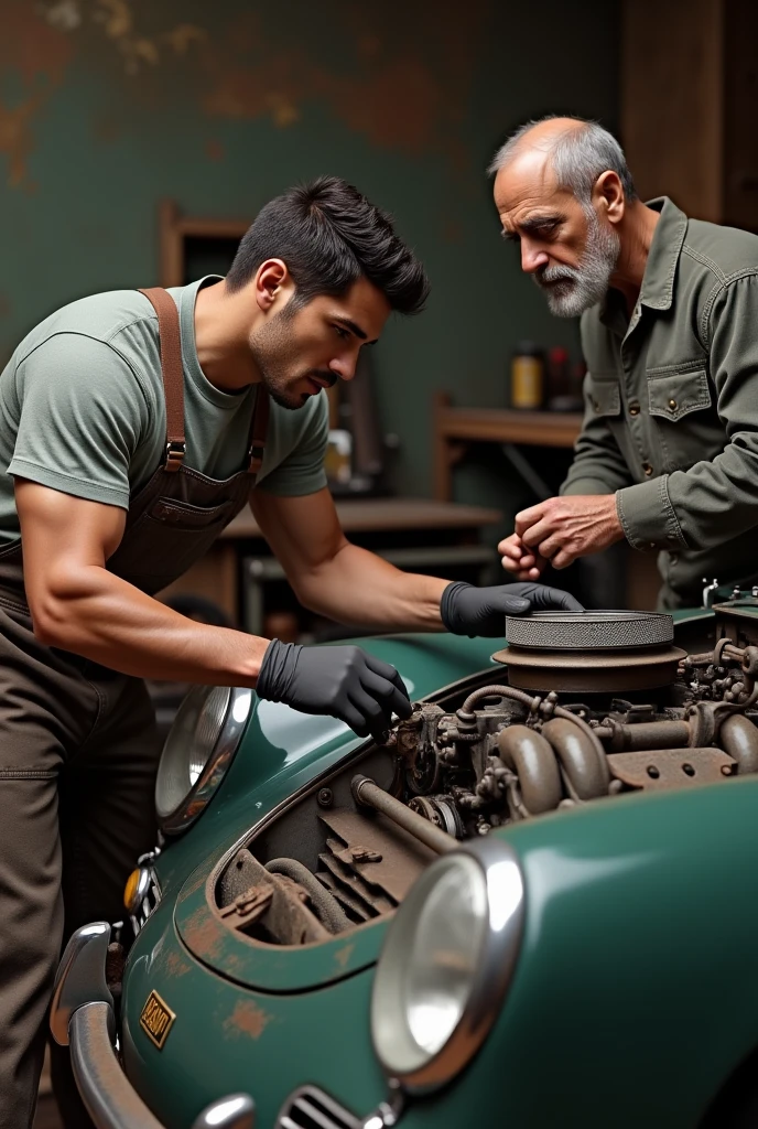 young brunette, latino, muscular, man in mechanic outfit, repairing car, looks focus on engine, his hands are touching engine classic porsche car, elegant blonde man middle age, shaved chin in background his face look in mechanic direction and talking to him, they are in old garage