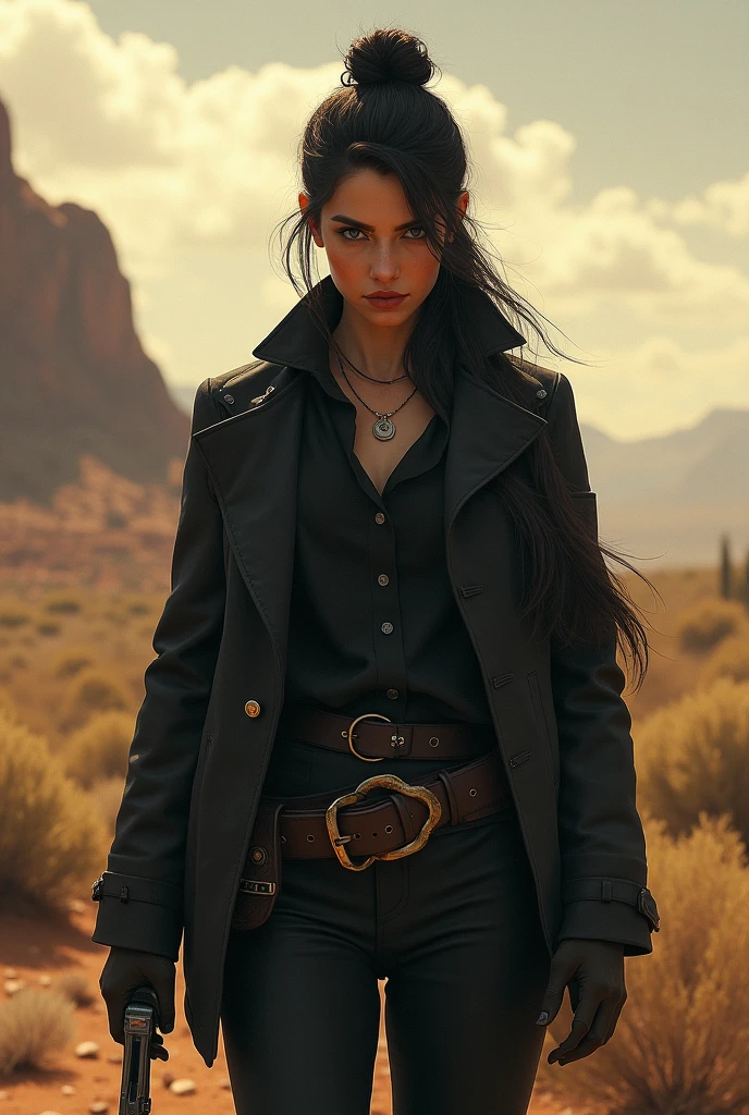 a thief from the old west without a hat, with her hair tied up preferably in a bun and wearing darker clothes