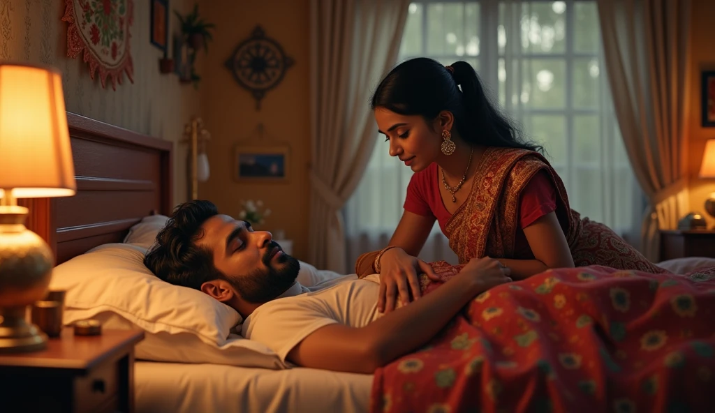 "An Indian man is peacefully sleeping on a bed in a cozy bedroom. His wife, dressed in a traditional saree, stands near the bed, gently watching over him with a calm and caring expression. The bedroom has warm lighting, soft furnishings, and traditional Indian decor, creating a serene and intimate atmosphere. The wife’s posture reflects both concern and love, as if she’s thinking about something important while her husband rests."