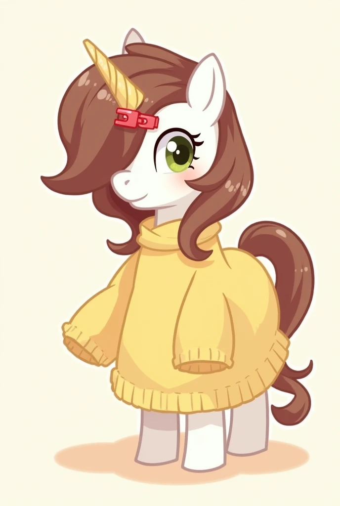Create My Little Pony: Friendship is Magic Oc that's a short and stout unicorn with a stubby short horn hidden away in her long brown mane to, which covers her left eye and shoulder with a single Mulberry highlight. She sported two red hair clips fastened to her mane near her muzzle. Her somewhat short tail also had two Mulberry highlight. She was dressed in a loose yellow sweater dress. Her coat was a albescent white, and her eyes were an olive green.