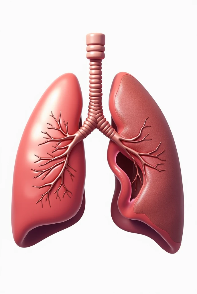 Create a highly detailed and educational illustration of a human lung, oriented to fit a poster with dimensions 30x24 inches. The image should be split to show a clear comparison between two lobes of the lung:Normal Lobe: On one side, depict a healthy lung lobe with its anatomy clearly visible. Illustrate the bronchi, alveoli, and blood vessels with normal, unobstructed airways and tissue. Use realistic colors and textures to represent the healthy tissue's pinkish hue and smooth, clean appearance.COPD-Affected Lobe: On the other side, show a lung lobe affected by Chronic Obstructive Pulmonary Disease (COPD). Highlight the key pathological changes, including:Emphysema: Illustrate enlarged alveoli and a loss of alveolar walls, showing the resulting larger, air-filled spaces and reduced surface area for gas exchange.Chronic Bronchitis: Depict thickened bronchial walls, increased mucus production, and potential inflammation of the airways.Air Trapping: Show areas of the lung with trapped air and less effective air movement.Include labels and annotations to identify and explain the normal and affected features. Use contrasting colors and textures to clearly differentiate between the healthy and pathological areas. The overall style should be realistic and informative, suitable for educational purposes and medical presentations
