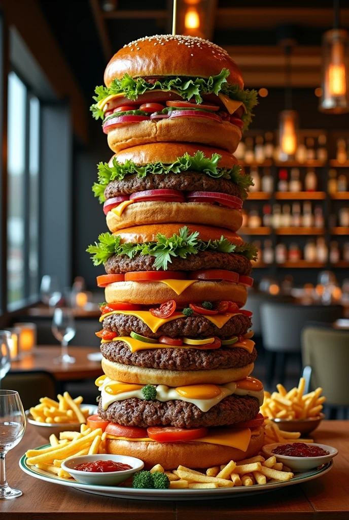 Create an huge burge stacking meters high in a special american Restaurant