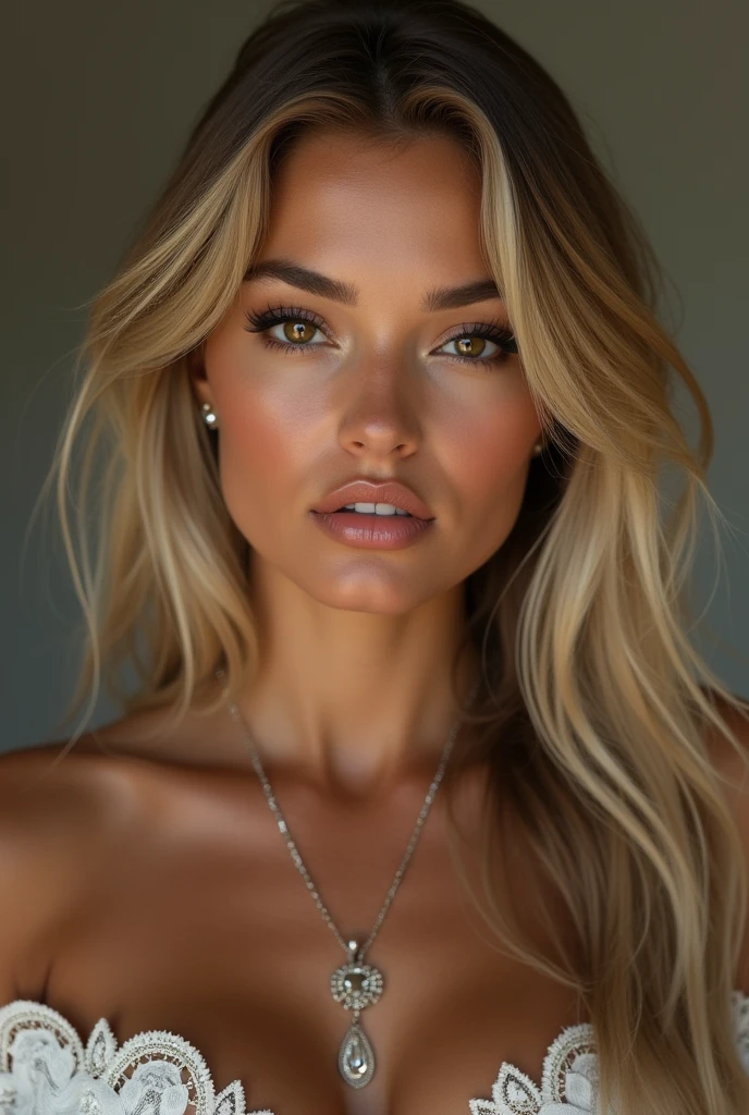 1 girl, 2, Spanish, alone, long hair, hair blonde, shoulders exposed, makeup with eyeliner on brown eyes, jewelly, corpo sexy, juicy and curvy, sexy necklace, sensual curves, mas a frente dos seios médios é realisitic, realisitic, A sexy and curvy ass. (highest quality: 1.4) high resolution, (detailed facial features, high resolution, 8K resolution, fully body