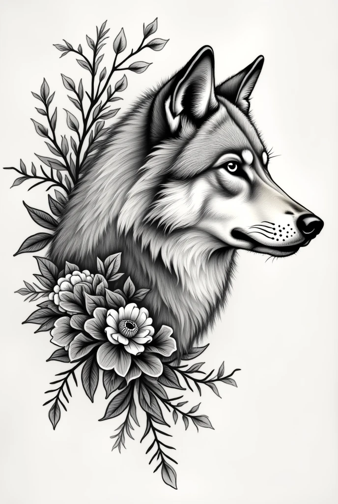 Draw me a tattoo template made of filigree lines showing a wolf's head from the front, but looking to the right. The wolf's head should be surrounded by leaves and natural ornaments, from which the head, as if looking out of a bush. The tattoo should fit on the left side of the chest of a woman and in the tattoo the letter "n" occur but so, that it is nevertheless easy to recognize
