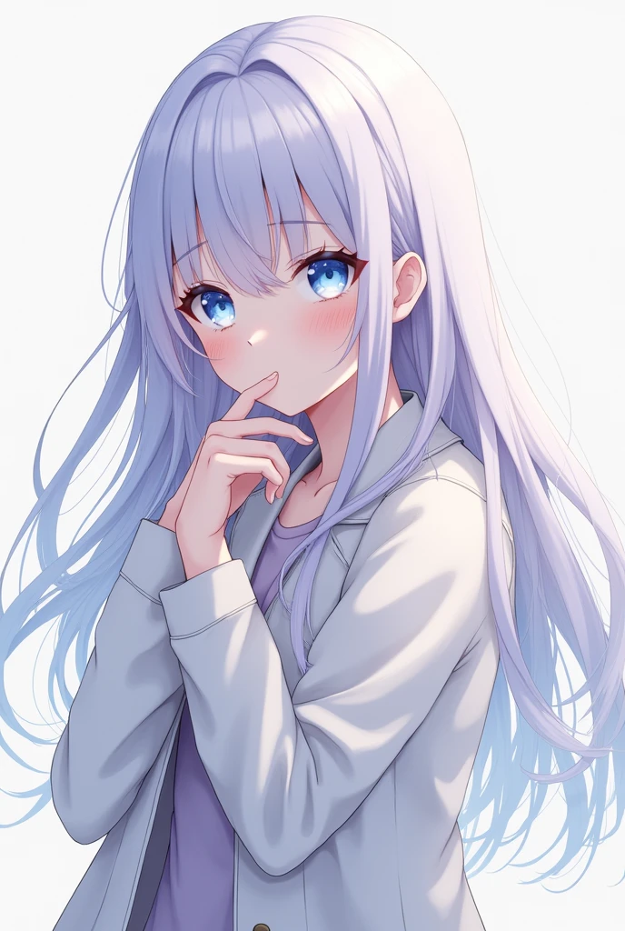 one girl,anime girl,long hair white and some purple,blue cyan eye,white coat,more older and shy,smile