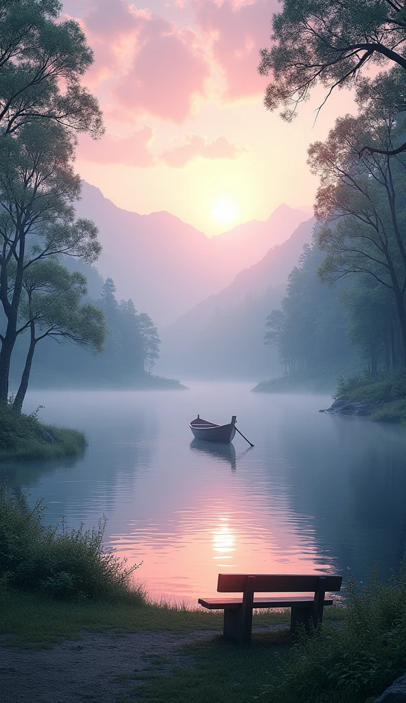 Create an image of a tranquil, secluded lake at sunrise, surrounded by lush greenery and tall, ancient trees. The water is perfectly still, reflecting the soft pastel colors of the sky—gentle pinks, purples, and blues. A small wooden boat floats quietly on the lake, with no one in it, adding to the sense of solitude. On the shore, there’s a simple wooden bench facing the water, inviting one to sit and meditate. Mist lightly hovers above the lake, and distant mountains can be seen in the background, shrouded in a gentle haze. The overall atmosphere should exude calm, serenity, and a deep sense of peace, with soft lighting and natural tones that soothe the senses.