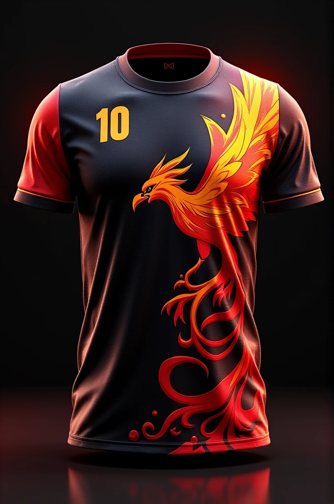 create a team shirt image, Number 10, black and red color with phoenix effects.