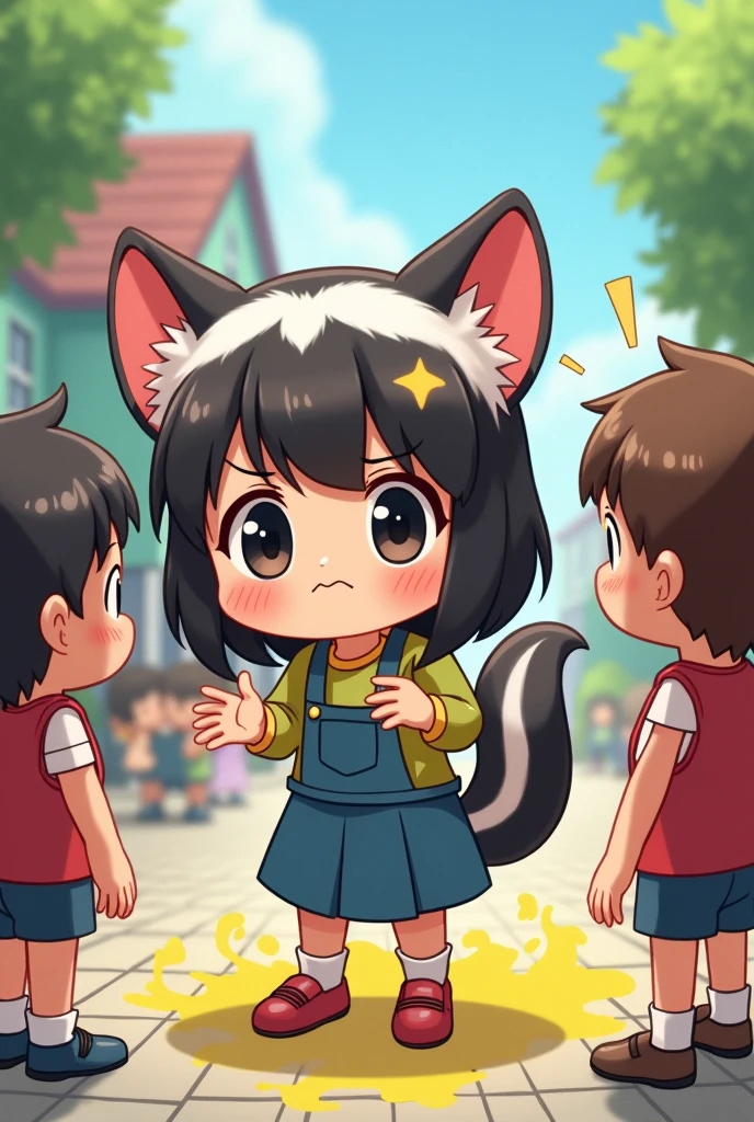 1 Human Girl、anime、animeチック、Skunk Ears、Skunk&#39;s Tail、Kindergarteners、Stick your butt out、Yellow smoke coming out of his butt、Embarrassed、odor