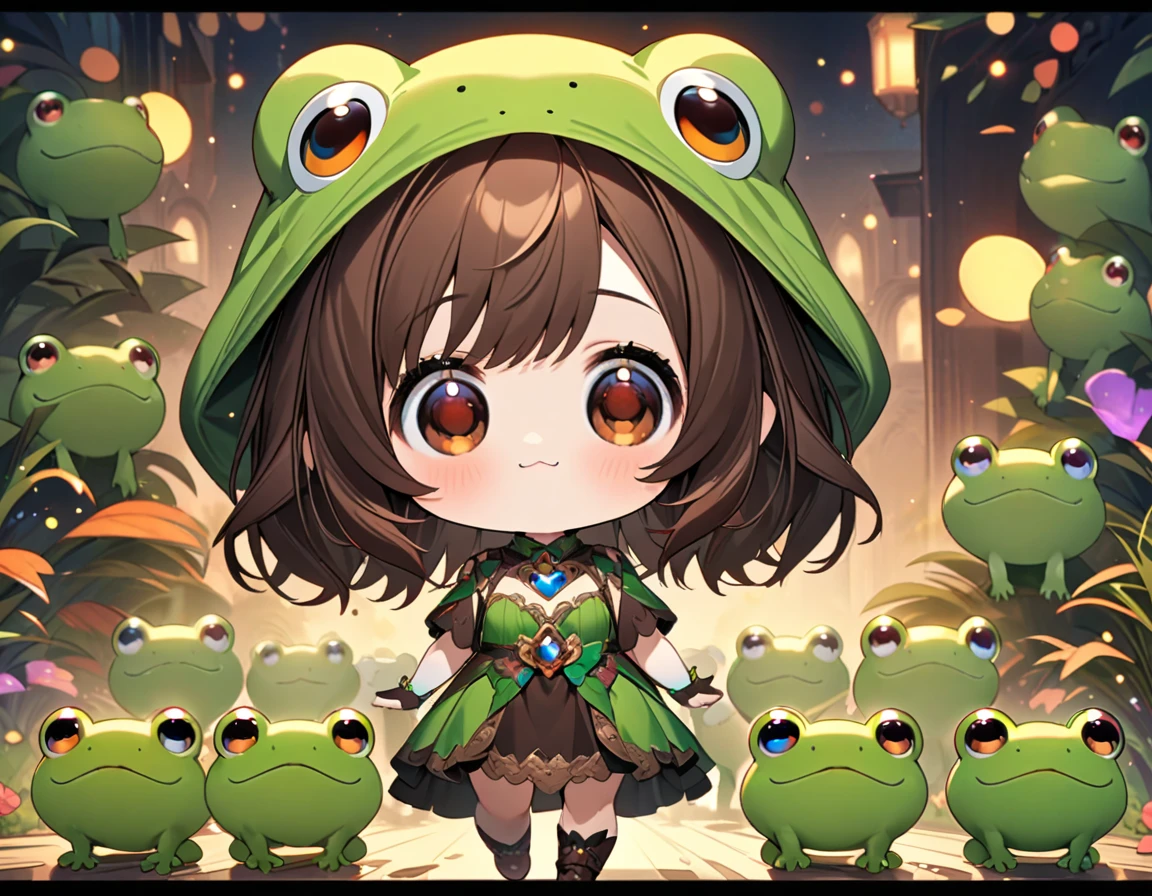 a cute chibi girl with long brown hair wearing a frog hat and brown eyes walking, a line of cute of frogs following her ,extremely detailed,4k,8k,highres,masterpiece:1.2,ultra-detailed,highly detailed,intricate details,vibrant colors,soft lighting,whimsical,fantasy,adorable
