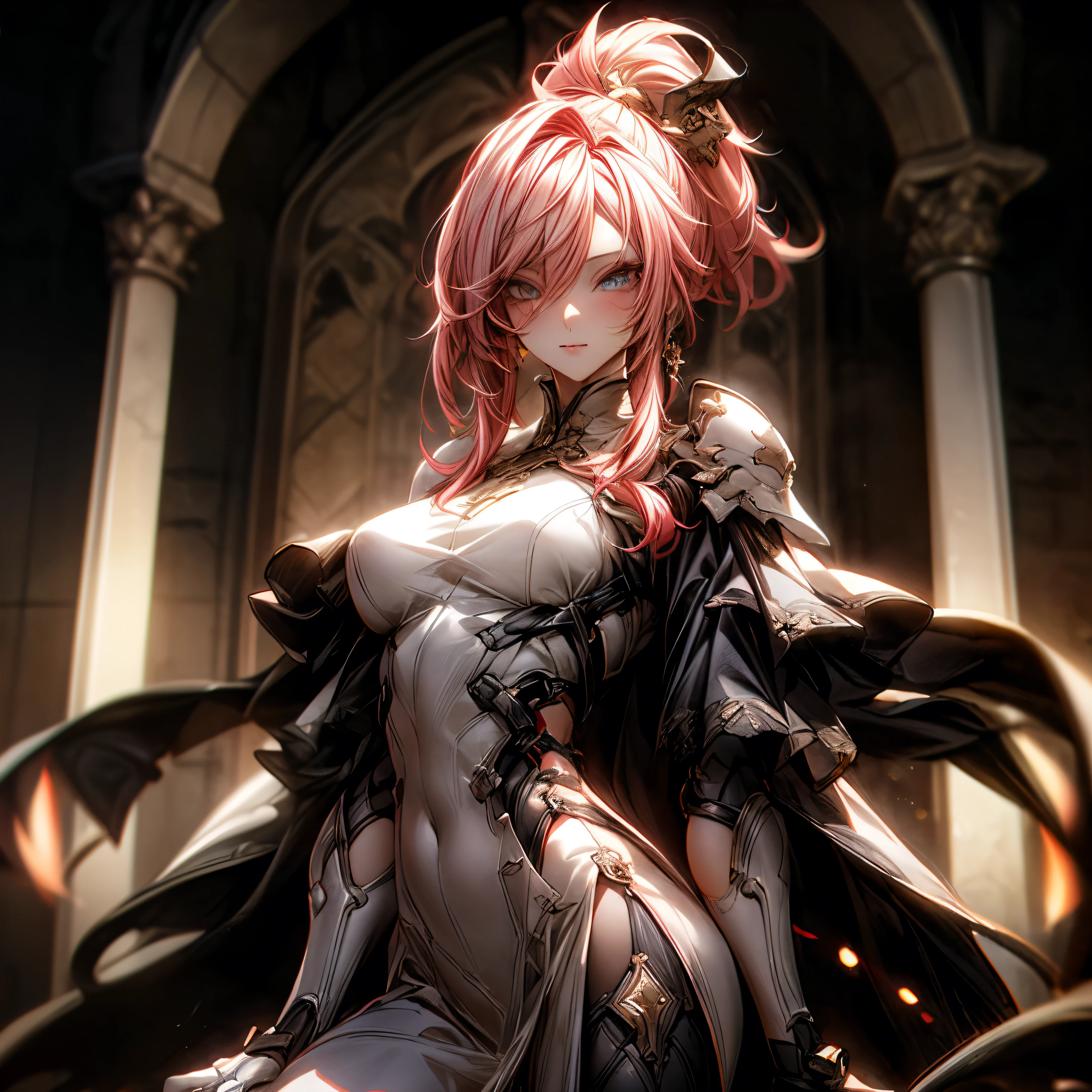 (best quality)), ((Masterpiece)), (details:1.4), 3d, HDR (high dynamic range), an image of a beautiful cyberpunk female, fantasy, Cyberpunk, Medieval, pink hair, High ponytail, Full body, Beautiful white eyes, จมูกโด่ง, ปากแดง, หน้าอกใหญ่, nvidia RTX, PBR surface, After processing, Anisotropic filtration,depth of field, Maximum clarity and clarity, multi-layered surface, Subsurface scattering, perfect proportions, 8K raw files, ultra detailed, Perfect proportions, volumetric lighting, soft lighting, Holy Paladin, Light Golden Armor, Red dress, glossy skin, intricate silver embroidery, Castle hall background, jewely, ต่างหู, นิ้วมือสมบูรณ์,