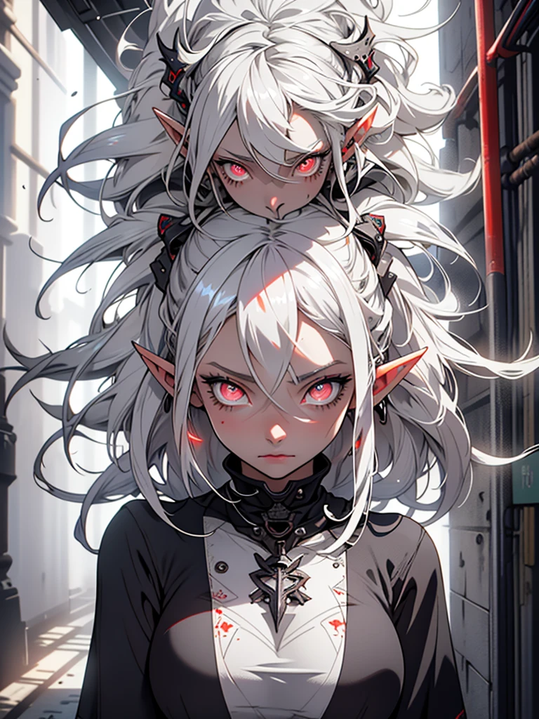 high-quality, ultra-detailed, 1girl, white hair, long disheveled hair, colored skin, ((gray skin)) red eyes, glowing eyes, underground scene, V0id3nergy, elf, elf ears, pointed ears, blue aura,