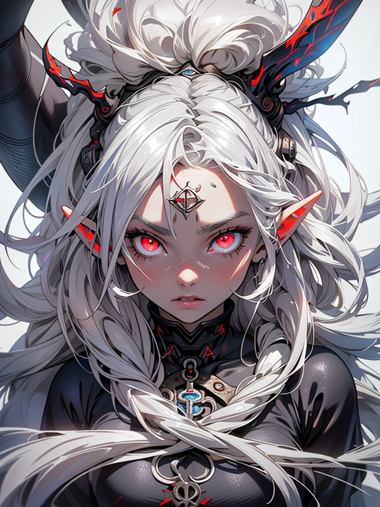 high-quality, ultra-detailed, 1girl, white hair, long disheveled hair, colored skin, ((gray skin)) red eyes, glowing eyes, underground scene, V0id3nergy, elf, elf ears, pointed ears, blue aura,