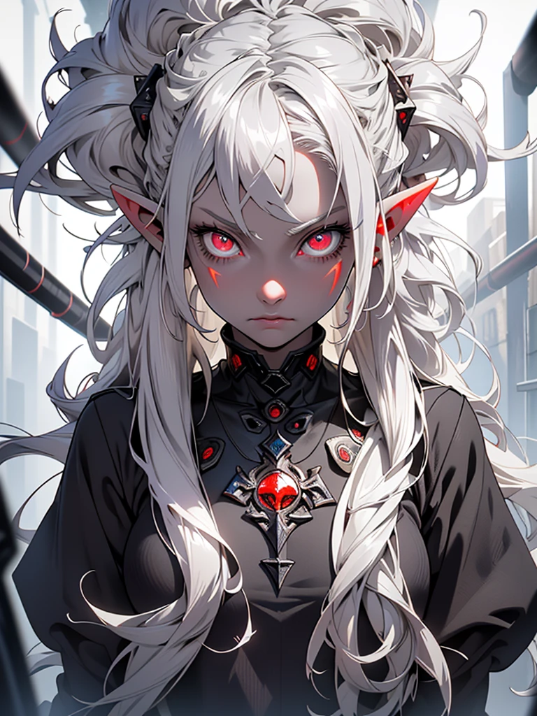 high-quality, ultra-detailed, 1girl, white hair, long disheveled hair, colored skin, ((gray skin)) red eyes, glowing eyes, underground scene, V0id3nergy, elf, elf ears, pointed ears, blue aura,