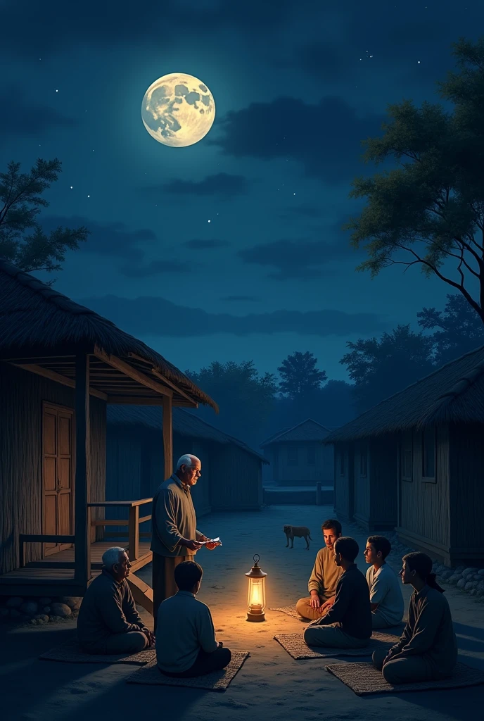 Everyone is sitting on mats in the open verandah of a village. It is pitch dark all around, and only a lantern in the center of the veranda is burning. An old man on the balcony tells his war story, while the others listen intently. In the background, the huts of the village are shrouded in darkness, and a dog can be heard barking in the distance. The full moon has risen in the sky, and the moonlight is shining all around