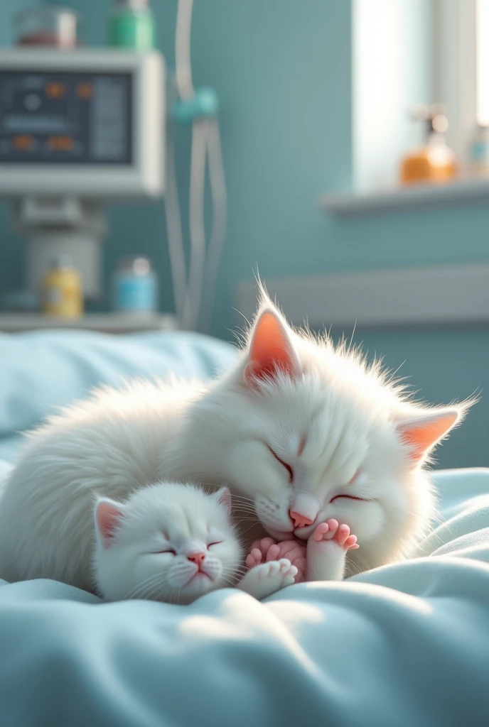 White cat gives birth to a cat in the hospital
