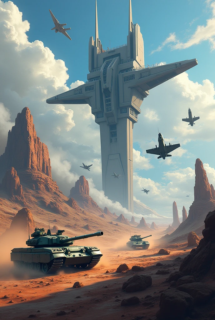 Create a wallpaper with the font HabibiBlümchen on an epic modern battlefield with jets and tanks