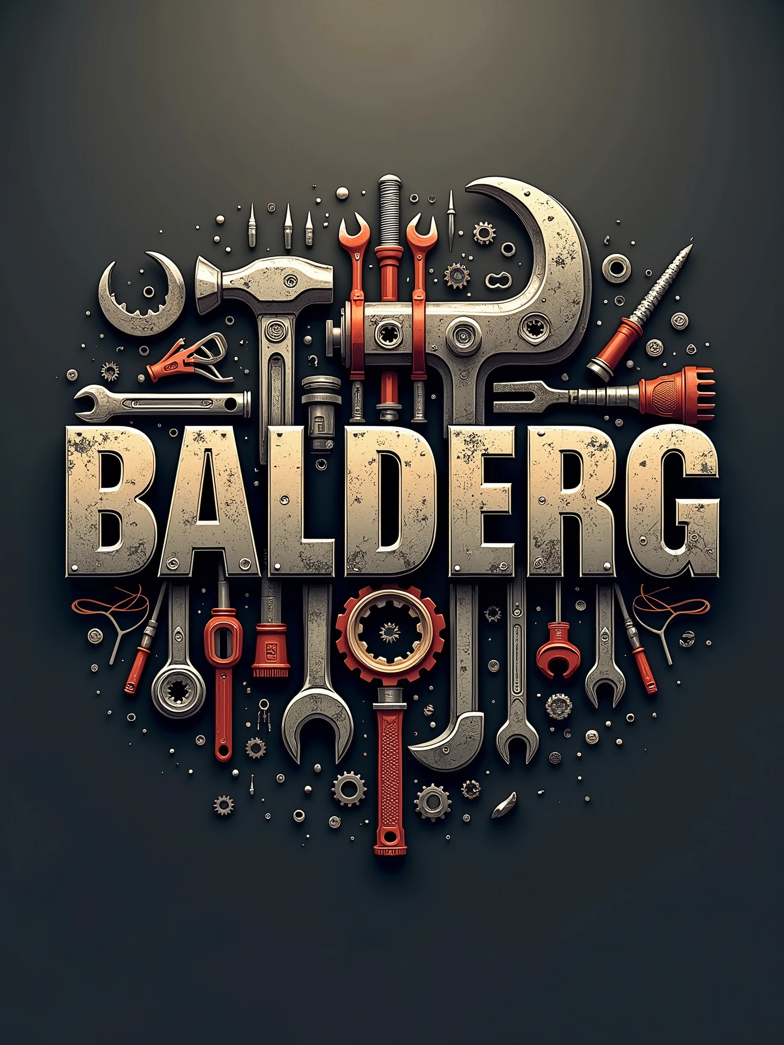 Create a logo with the word "BalderG" as the main one. with letters made of tools, with a workshop in the background