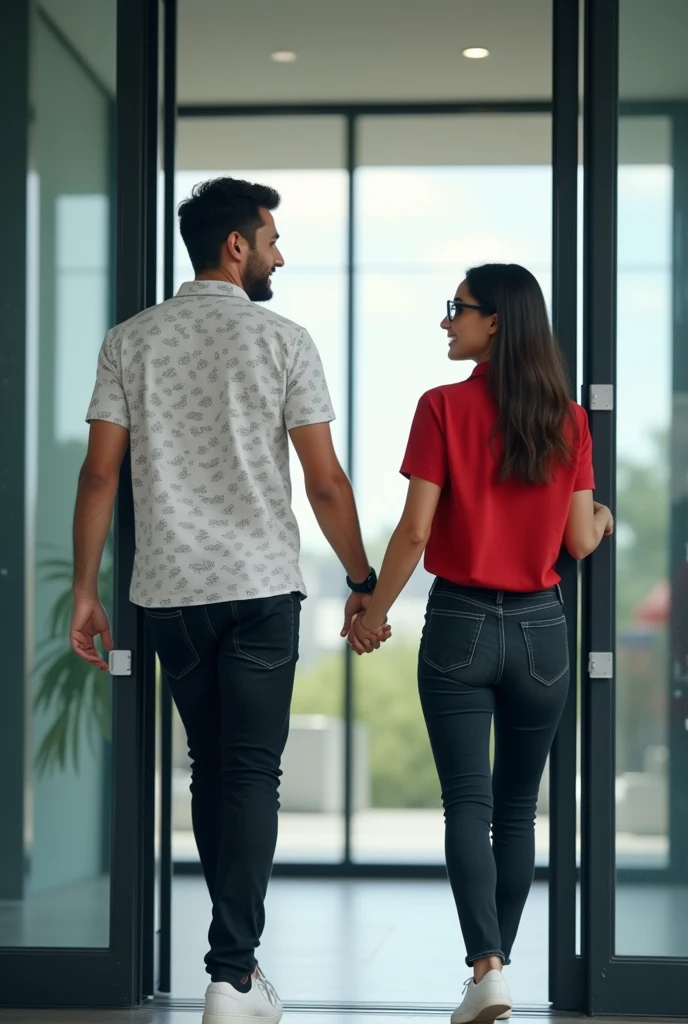 A young man wearing a white printed half shirt, black jeans, white shoes and a smart watch opens the glass door of his office from outside and a young woman wearing a red top, black jeans, white shoes and specs opens the door from inside.