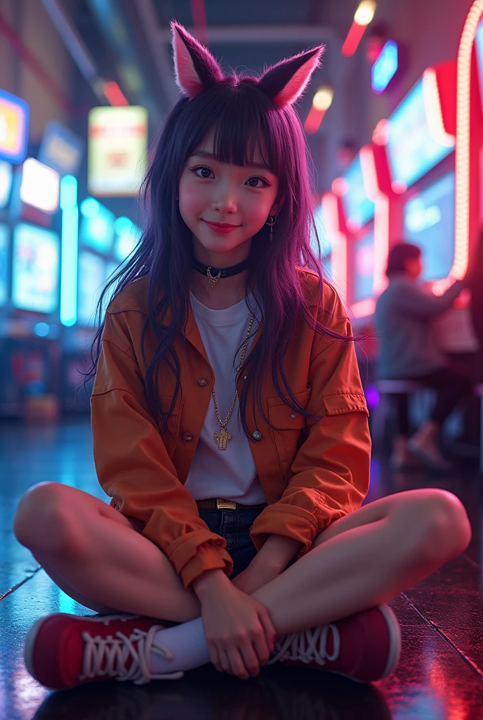 one person、High resolution、smile、High resolution、masterpiece、Anatomically correct、Person Portrait、Background blur、Super Real Photo、High resolution、Dramatic image、Harajuku casual fashion、dynamic、The perspective of the shot is quite far away、Capture the whole subject。Capture the whole subject、Beautiful decoration、Sitting cross-legged、Sitting background:Game Center in Kabukicho