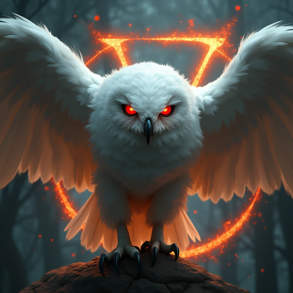 An evil white owl with red eyes, with the letter Y and the number seven of fire in the background.