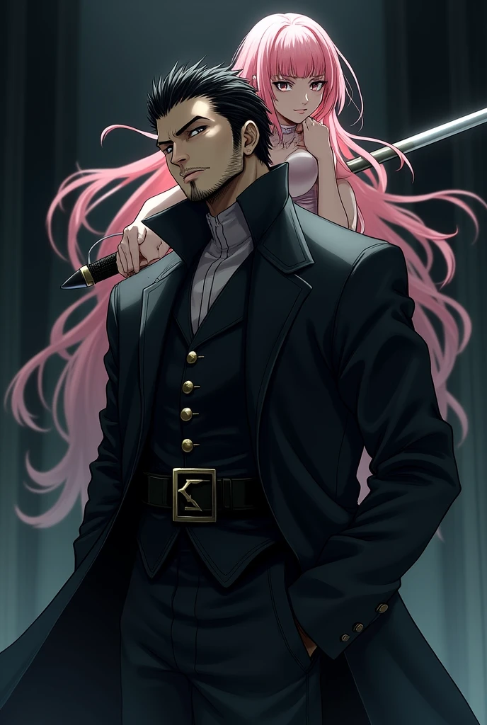 Mihawk Dulacre with black hedgehog hair and edged beard carrying pink haired Perona on his shoulder