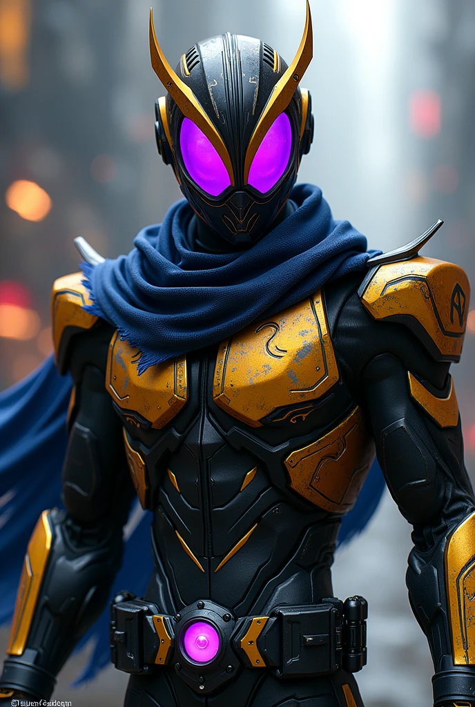 Futuristic, kamen rider, with a sharp eyes purple glow, with medium armor suit black and gold line colored, torn dark blue scraf