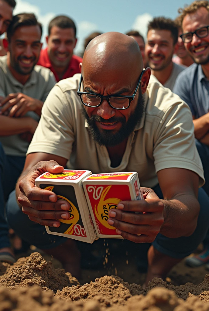 Brown guy with shaved hair, with glasses, digging 10, with 1000 uno cards in hand, while crying and everyone laughs at him