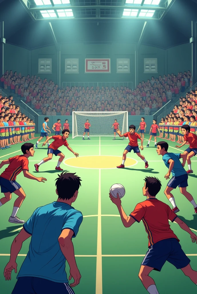 students on a handball court playing two games of "Alert" together with the divided court. the image must be 960px by 544px. divide the court in half with one team on each side. of a handball to each team, and have 30 students in each team