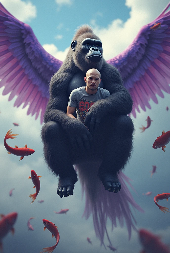 a bald adult person wearing a KOI t-shirt and a gorilla hugging, riding a purple phoenix and with fish flying around
