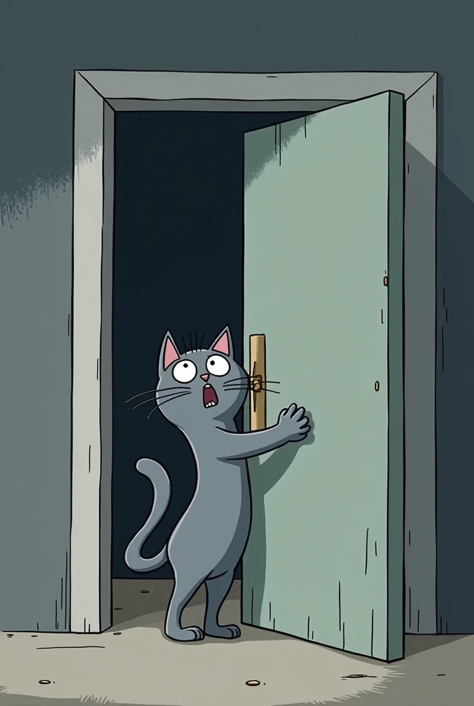 (cartoon style) gray cat closing a door scared