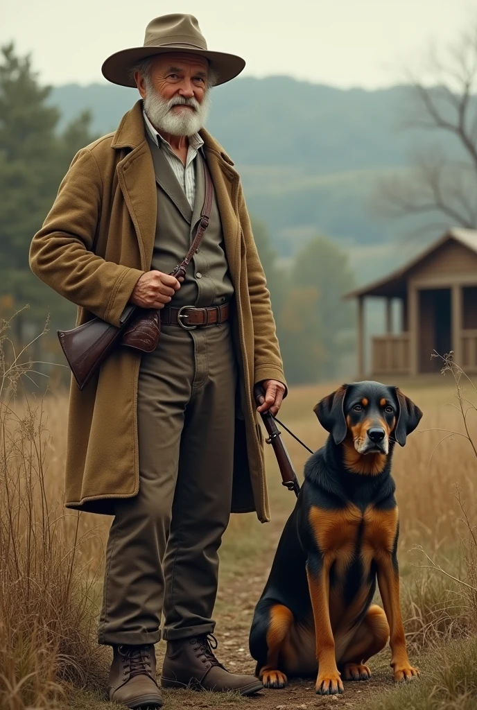 Create a historical scene set in Mason County, Kentucky, in the year 1890. The image should feature an elderly hunter and his loyal dog in a rural, rustic setting. The hunter should be dressed in traditional late 19th-century hunting attire, including a worn, wide-brimmed hat, a weathered coat, and sturdy trousers. He should be holding an old-fashioned shotgun or rifle, showing signs of use. His face should be lined with age and experience, and his expression should reflect a sense of calm and wisdom.
The dog, a classic hunting breed such as a setter or pointer, should be at his side, looking alert and attentive. The background should depict a scenic, rural landscape typical of Mason County, with rolling hills, dense woods, and perhaps a glimpse of a small, rustic cabin or farmstead in the distance. The overall atmosphere should evoke a sense of nostalgia and the simplicity of life in the late 19th century.
Ensure that the lighting is soft and natural, capturing the essence of a serene morning or late afternoon in the countryside. The image should have a slightly sepia or vintage tone to reflect the historical period accurately.