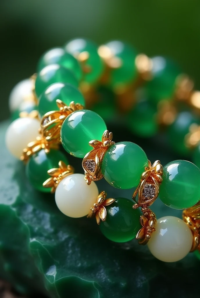 
a close up of a bracelet with green and white beads, green tones and golden charms, green jewelry, glass and gold and jade, jewelry, emerald jewelry, gold and green, jewel, jewels, #green, green crystal, by Yan Hui, lv jewelry, jade, precious stones, mineral and gold jewelry, 3 2 k, 32k, gold jewelry