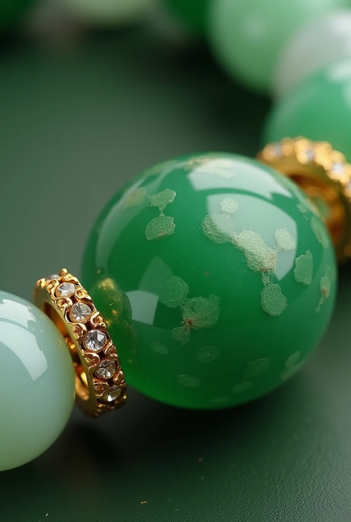 
a close up of a bracelet with green and white beads, green tones and golden charms, green jewelry, glass and gold and jade, jewelry, emerald jewelry, gold and green, jewel, jewels, #green, green crystal, by Yan Hui, lv jewelry, jade, precious stones, mineral and gold jewelry, 3 2 k, 32k, gold jewelry
