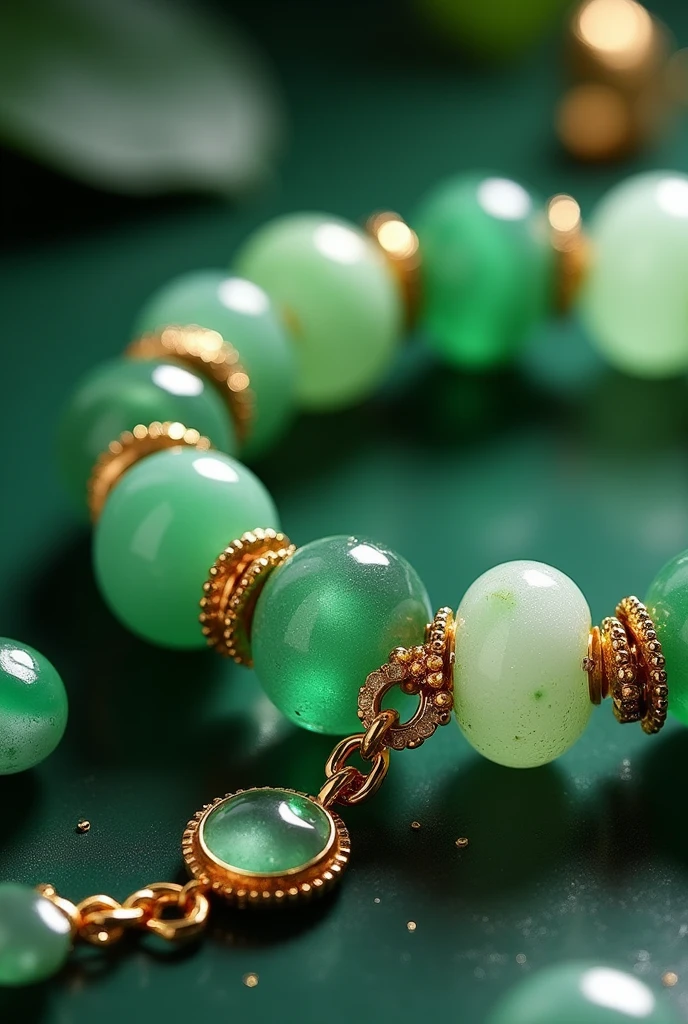 a close up of a bracelet with green and white beads, green tones and golden charms, green jewelry, glass and gold and jade, jewelry, emerald jewelry, gold and green, jewel, jewels, #green, green crystal, by Yan Hui, lv jewelry, jade, precious stones, mineral and gold jewelry, 3 2 k, 32k, gold jewelry